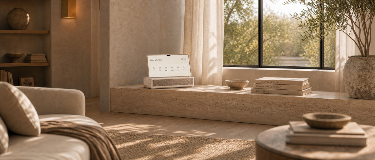 A calm living room with Amber on the console