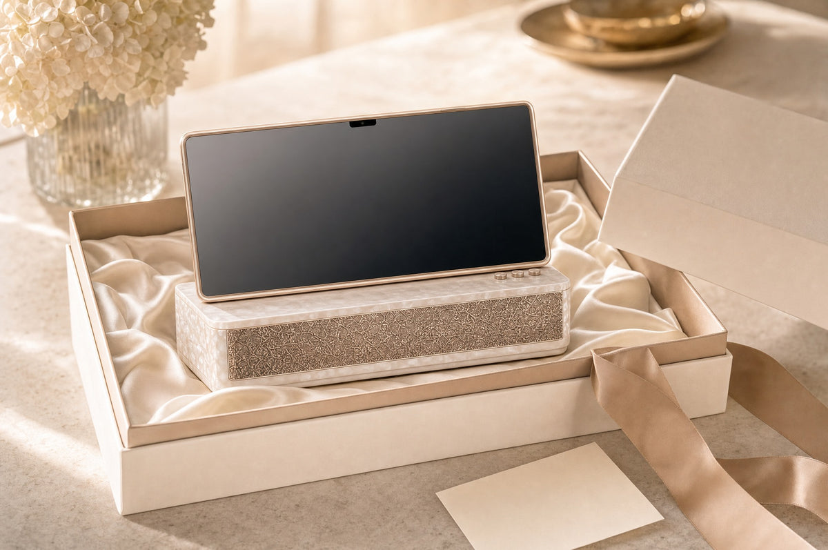 Amber in an open gift box lined with silk