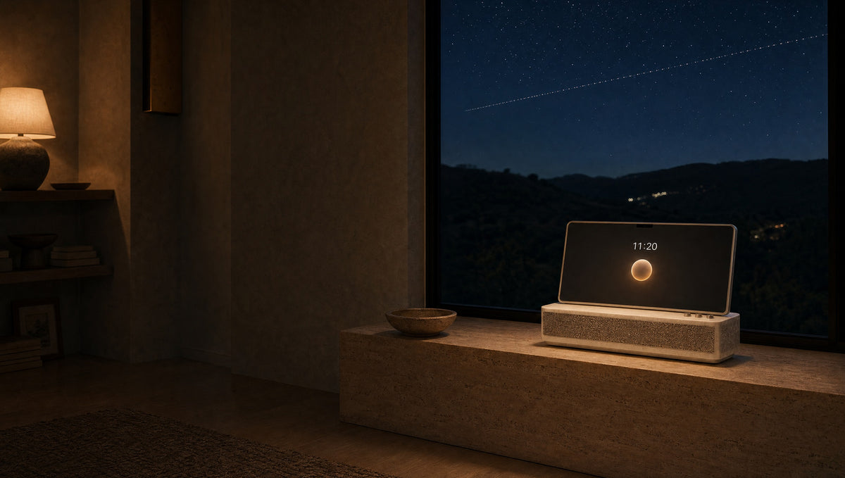 Amber by a window under a night sky