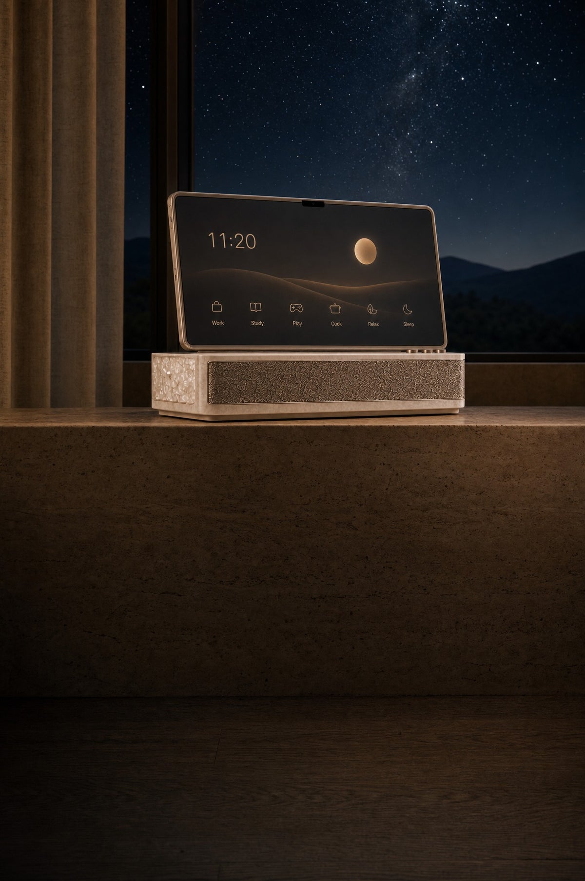 Amber by a window under a night sky
